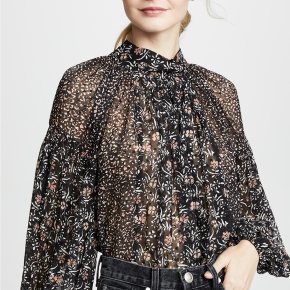 Ulla Johnson Tops - Ulla Johnson Black and Tan Ruffled Long Sleeve Blouse with Mock Neck